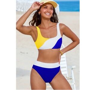 2pc High Rise Sporty Bikini Set Colorblock Square Neck bralette size XL NWT